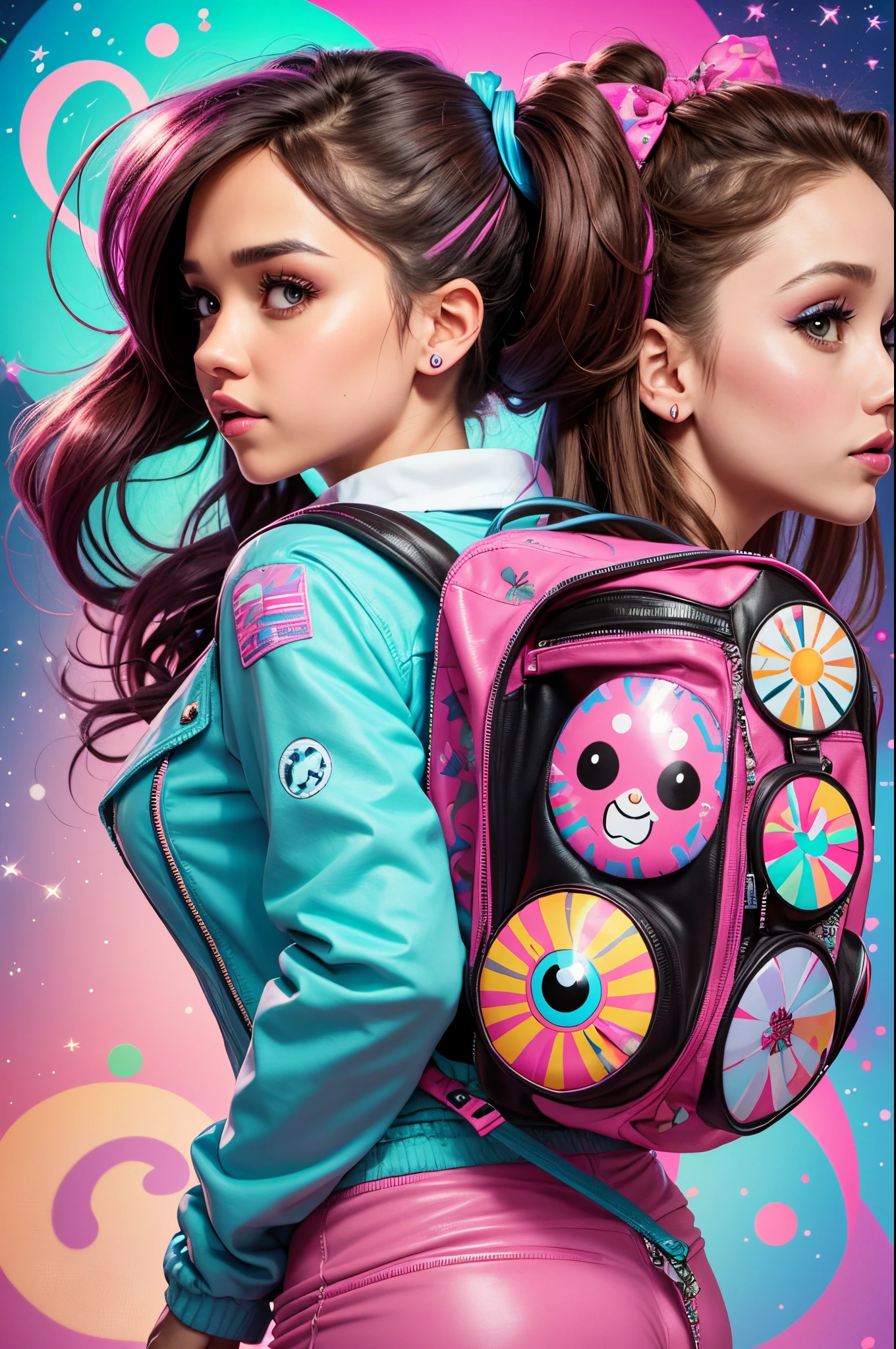(Jessica Alba), woman with pink and blue makeup and a pink and blue jacket, brown girl in a cosmic dress, cartoon look, ava max, large eyes, lisa frank style, long brown hair and large eyes, ahegao face, alexa grace, wearing atompunk jumpsuit, inspired by Lisa Frank. Back view, captured from behind, G-string, wearing a backpack with shapes of Selena Gomez Face