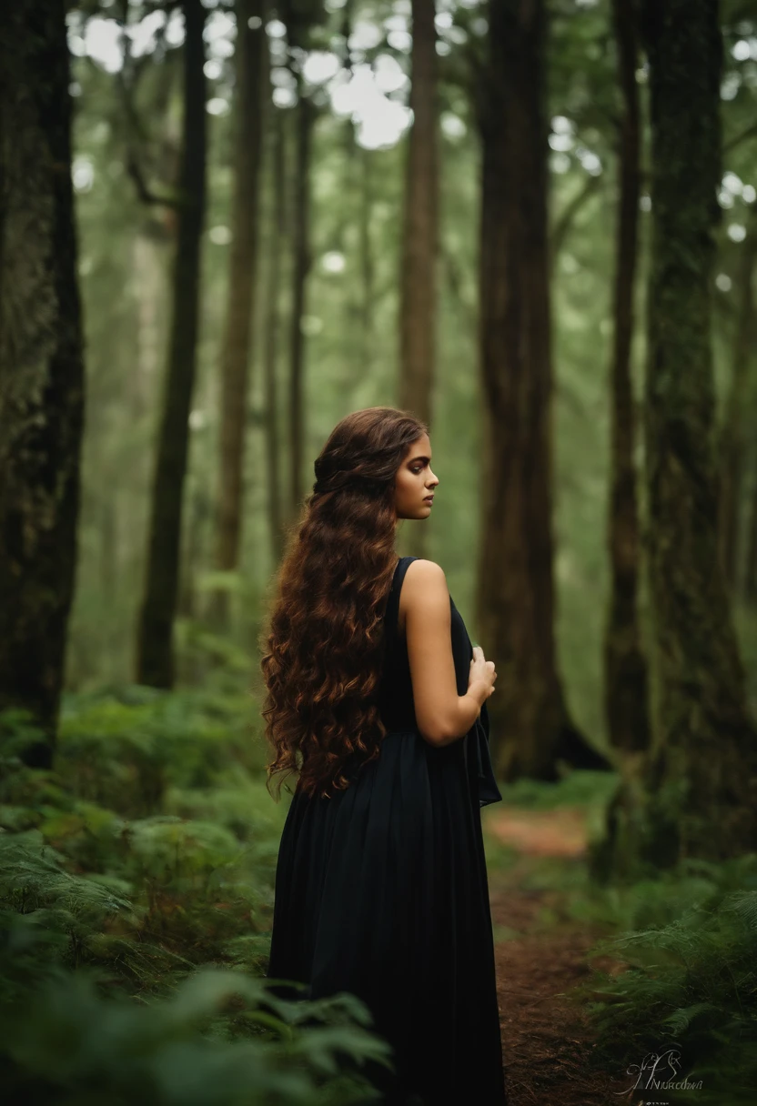 crie uma imagem com duas meninas de 10 anos, uma de cabelo preto e outra loira nas laterais da capa olhando para a floresta.