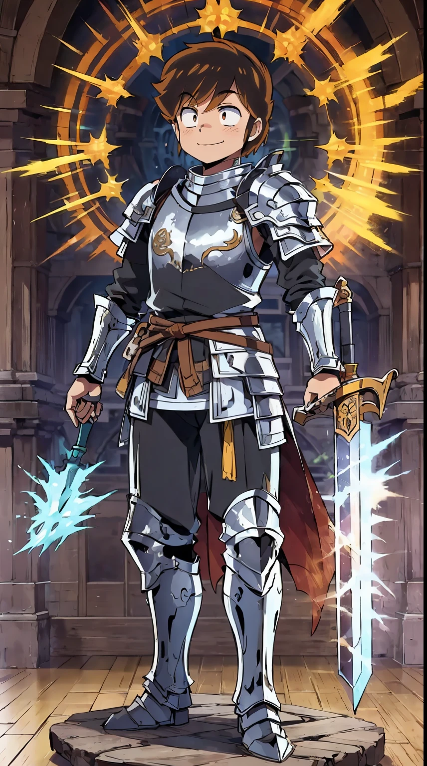 AtaruMoroboshi,1boy, ,, full body, smile, sword, armor,#armor #clothing medieval armor