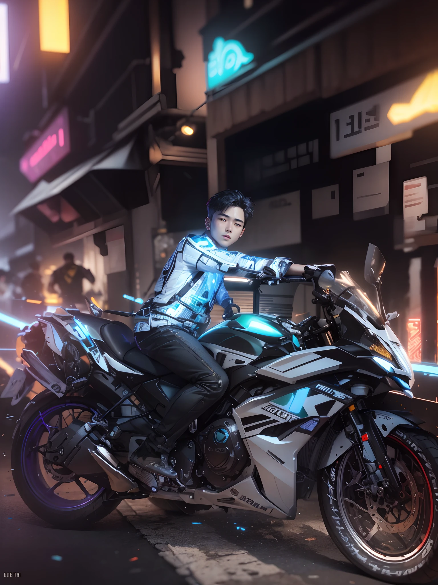 (hiperrealisme:1.1),(detail:1.2)8k,cyberpunk handsome korea boy, realistic face, detail face, 8k, ultra realistic, check background,bokeh