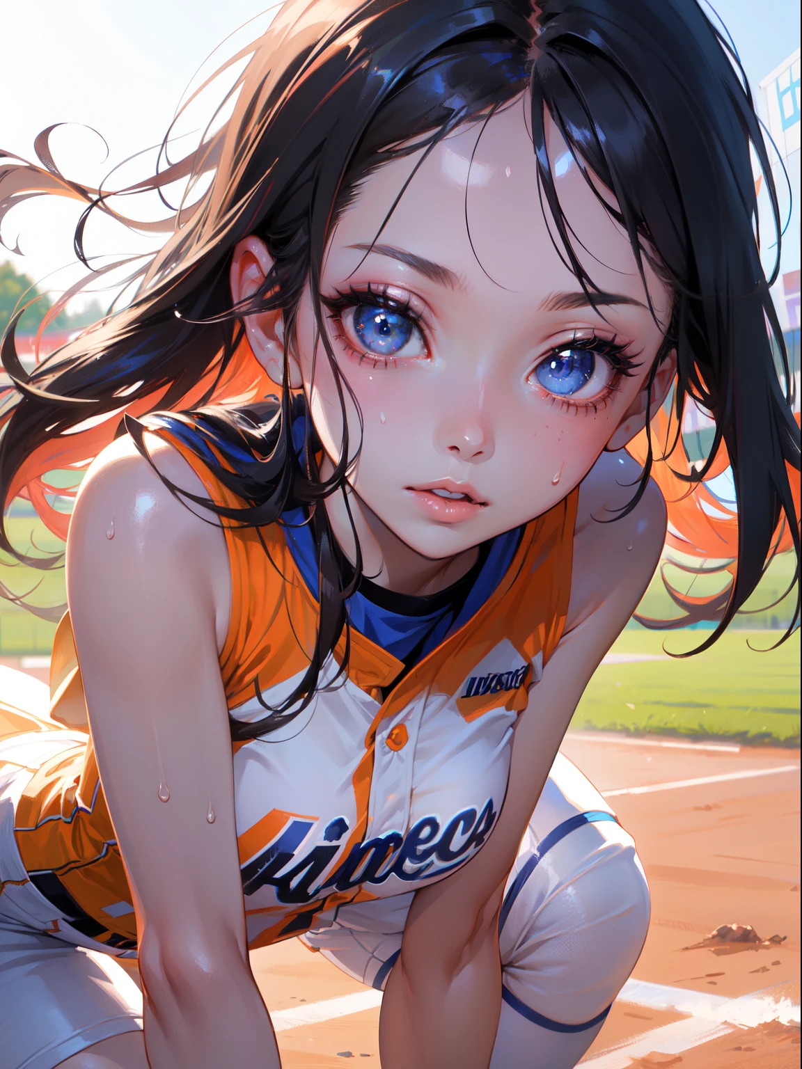 Best Quality, masutepiece, High resolution, (Anime Heroine Illustration), Anime Paint, 1beautiful girl ,Dynamic Angle,Women's Softball Players ,small head,Large breasts,Smart body,nice legs, Glowing skin, Sweat,At the softball venue ,(Detailed beautiful face:1.4),detailed skins,Detailed eyes,detailed hairs,
