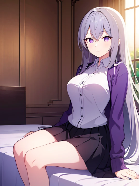 masterpiece, high quality, 1girl, purple eyes, medium breasts, grey hair, long hair, best quality, shirt, skirt, sitting on bed, smiling,