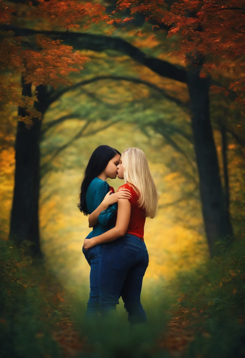 Create an image with two sexy 10 year old girls embracing and kissing, one with black hair and the other blonde on the sides of the cover looking at the forest.