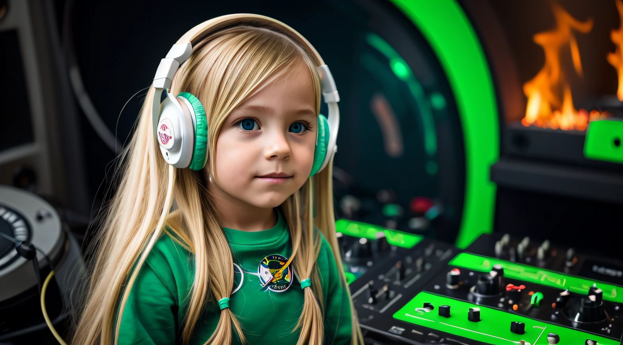 Image of a CHILD girl BLONDE long hair with headphones astronaut music, Atom and Evil, DJ, fire and GREEN FIRE , FLAMME, BURN , FOGO, GREEN, VERDE.
