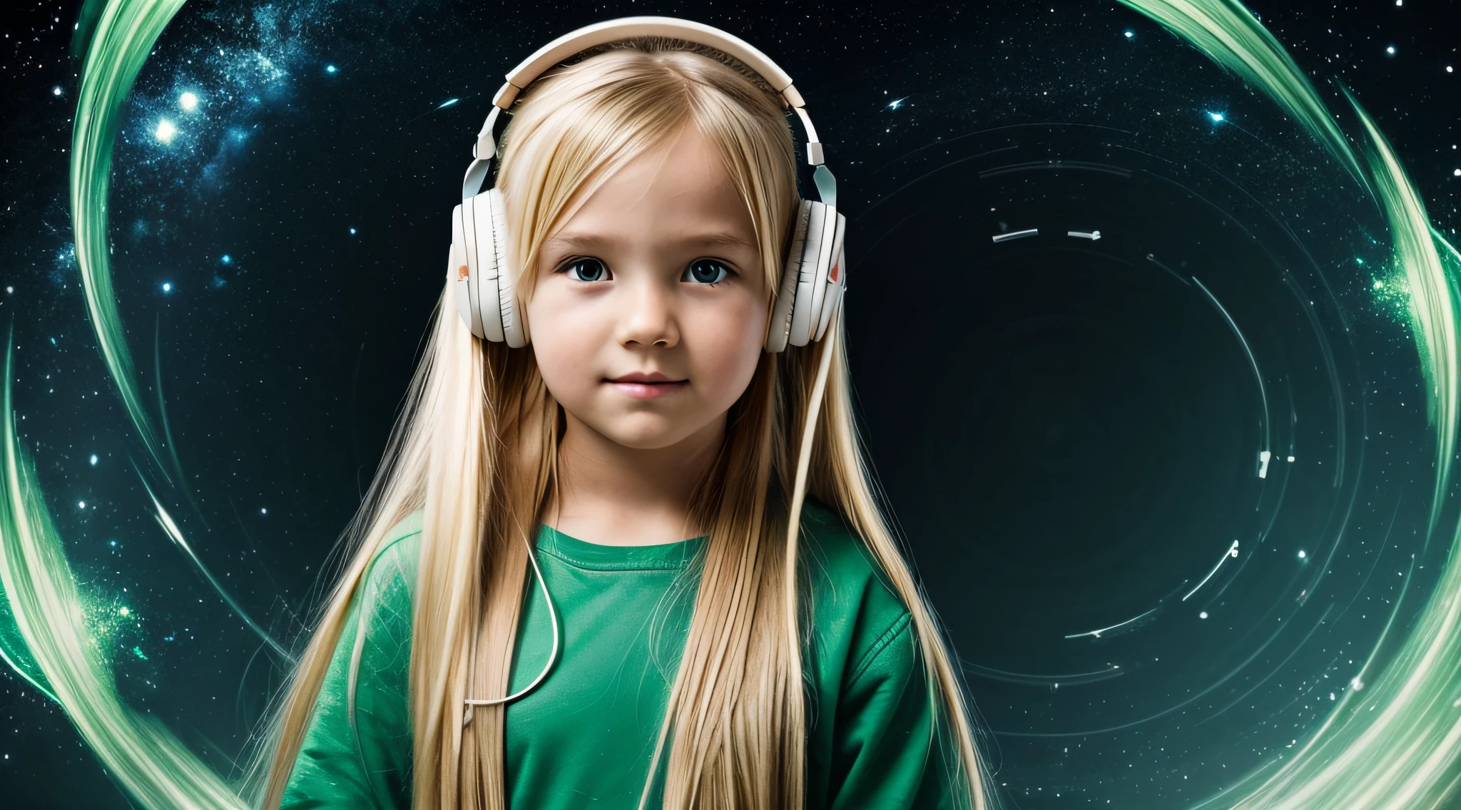 Image of a CHILD girl BLONDE long hair with headphones astronaut music, Atom and Evil, DJ, fire and GREEN FIRE , FLAMME, BURN , FOGO, GREEN, VERDE.