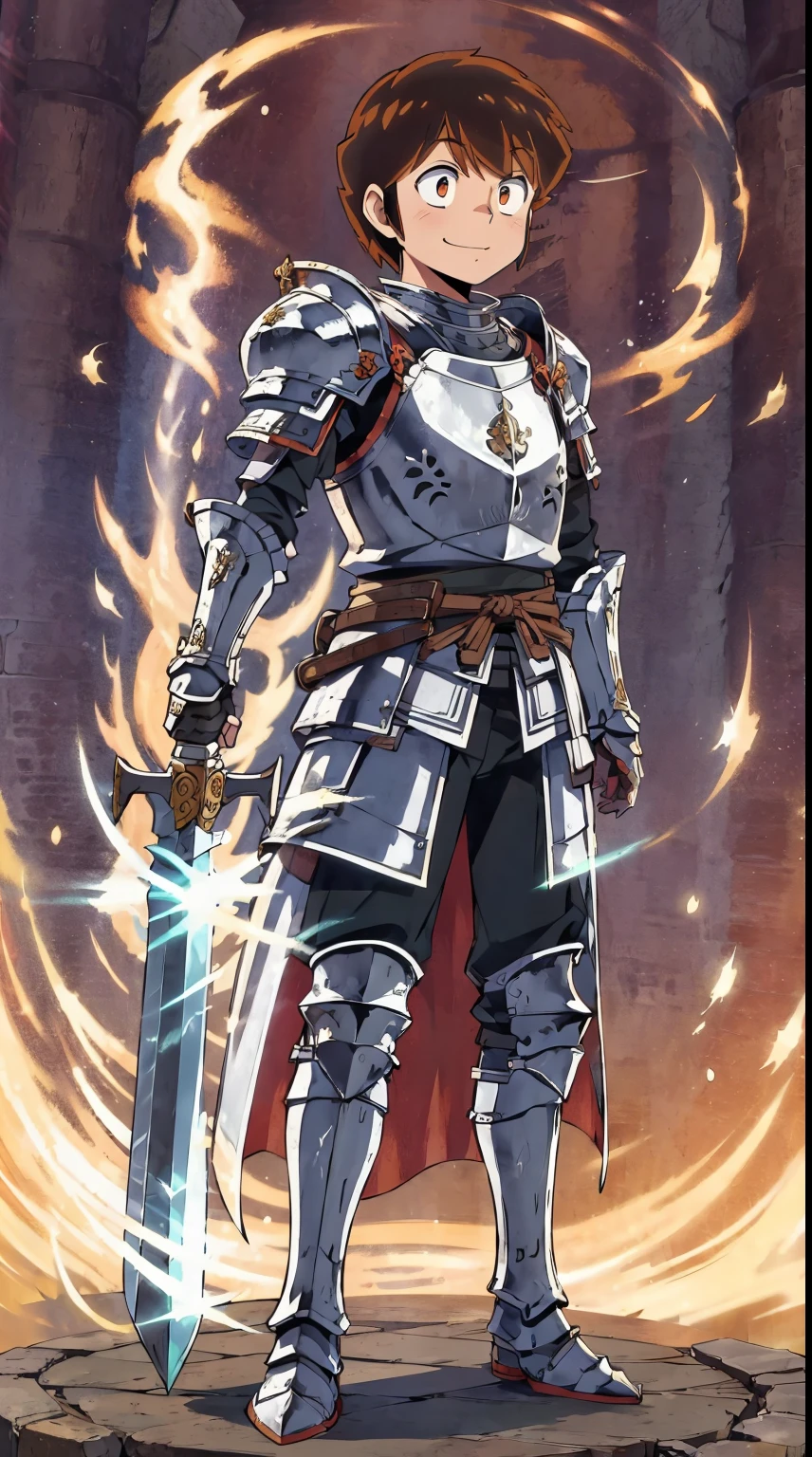AtaruMoroboshi,1boy, ,, full body, smile, sword, armor,#armor #clothing medieval armor