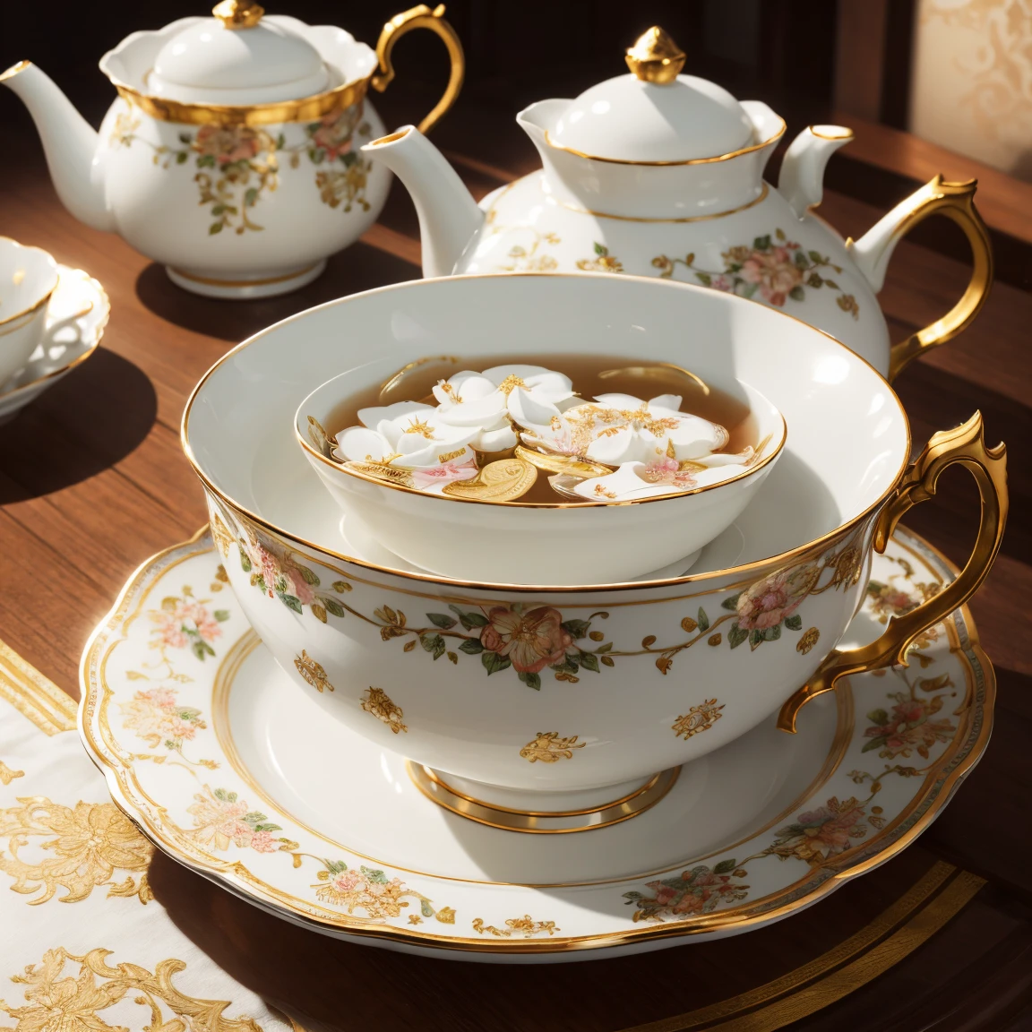 best quality,ultra-detailed,realistic,photorealistic,highres,2 teacups,russian style,delicate patterns,porcelain material,vivid colors,subtle brushstrokes,soft lighting,warm and inviting atmosphere,scattered tea leaves,steaming hot tea,fine gold trimming,curved handles,enchanting floral motifs,elegant and intricate designs,ornate teacup saucers,traditional teapot in the background,embossed Russian symbols,romantic and dreamy ambiance,meticulous attention to detail,tranquil and cozy setting,rich cultural heritage,artistic craftsmanship