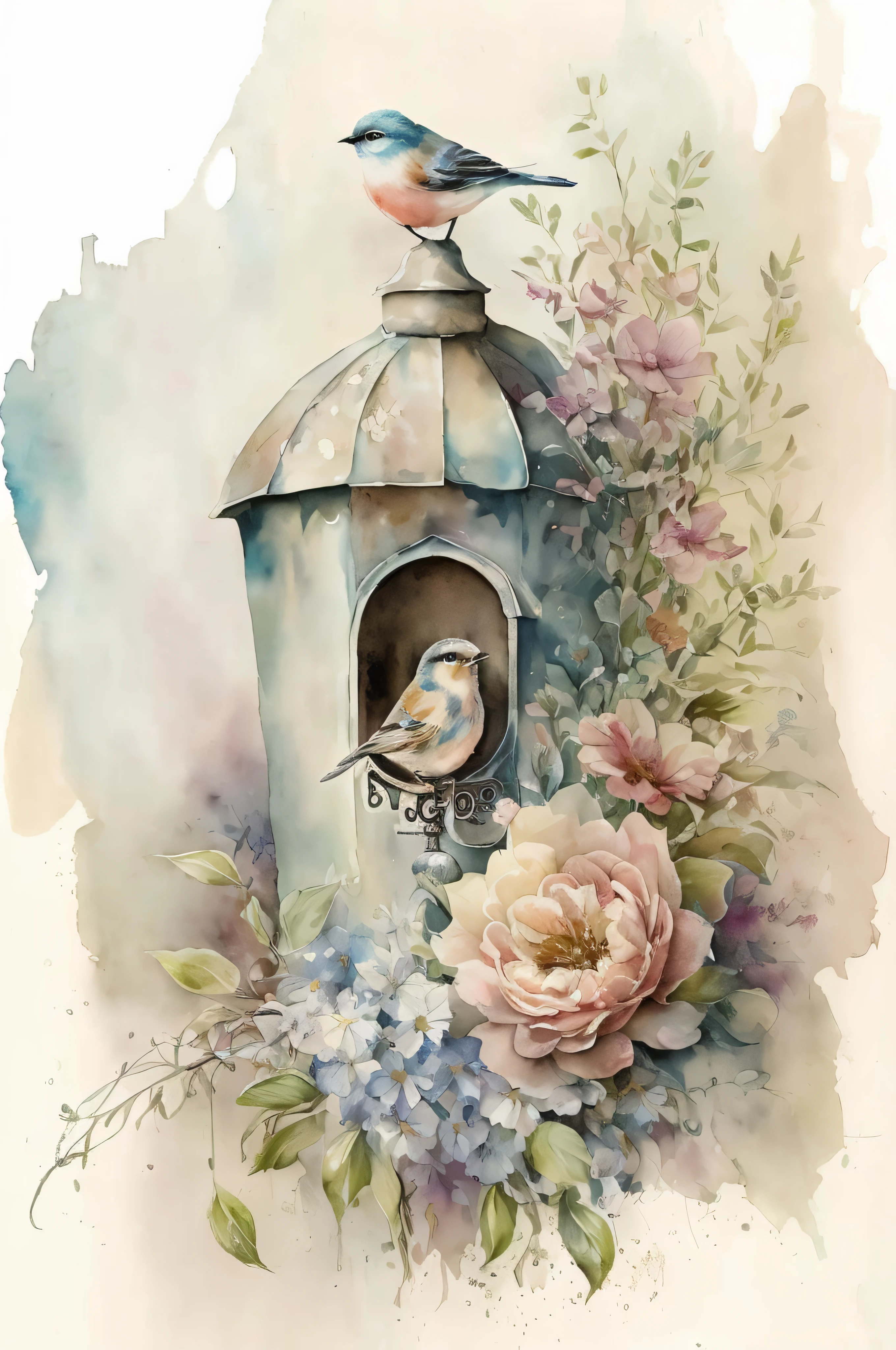 there is a bird sitting on top of a birdhouse with flowers, watercolor detailed art, watercolor colored painting, in pastel colors, detailed watercolor, by Cindy Wright, masterful detailed watercolor, aquarel painting, cottagecore!!, beautiful art, watercolor painting, waterpaint art, aquarelle painting, detailed watercolor painting, beautiful depiction, beautiful artwork