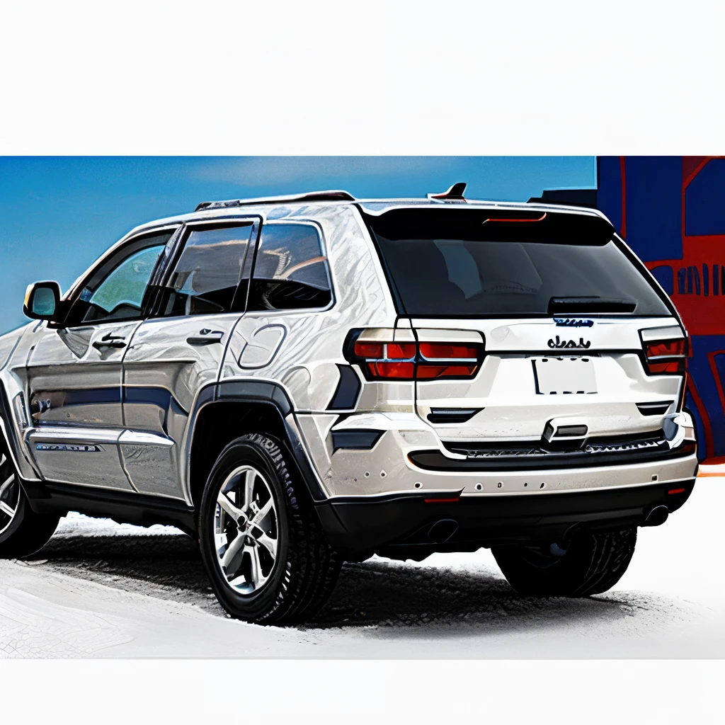 Draw a white jeep grand cherokee L with buffalo bills graphics