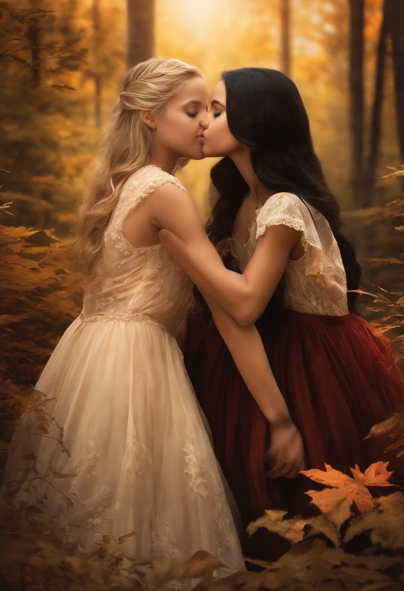 Create an image with two sexy  girls embracing and kissing, one with black hair and the other blonde on the sides of the cover looking at the forest.