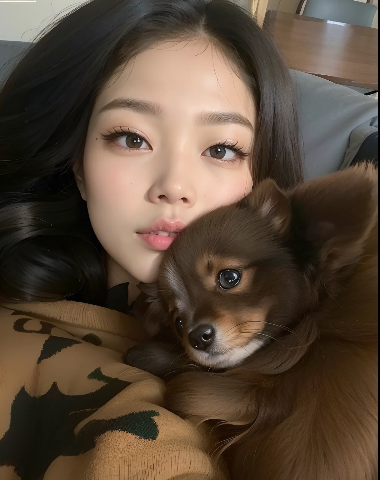There's a woman holding a small dog on her lap, jennie blackpink, song hye - kyo, jossi do blackpink, jisoo do blackpink, Jisoo do Blackpink, tzuyu de duas vezes, com olhos bonitos, her face looks like an orchid, Heonhwa Choe, with dogs, Parque Ji-min, com hera, Parque Roseanne do Blackpink