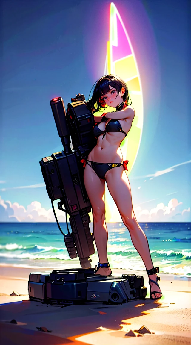An Extremely Photorealistic Full Body View Of A Sumptuous Caucasian Militant Tank Girl With Awesome Black Hair And Grey Eyes Wearing A Rainbow Colored Bikini with an ankle bracelet on Posing On The Beach At Night Under The Neon Moonlight, PhotoRealistic Background, fantastical, ethereal, atmospheric, DOF, vibrant lighting, hyper-realism, best quality, highly detailed, resolution, 8k, DSLR, HDR, UHD, Fujifilm X3.