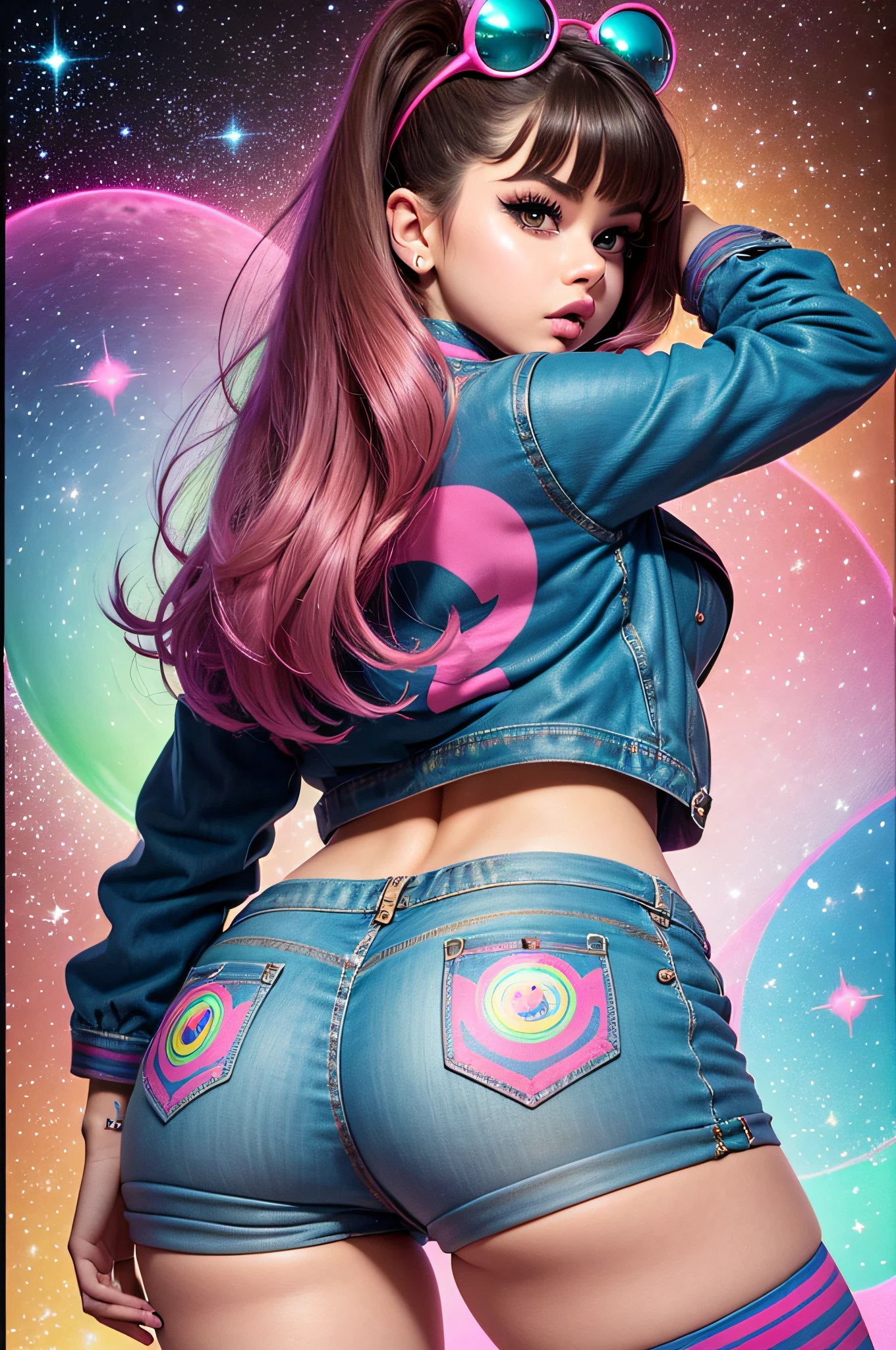 (Selena Gomez), 2girls, 2women with pink and blue makeup and a pink and blue jacket, brown girl in a cosmic dress, cartoon look, ava max, large eyes, lisa frank style, long brown hair and large eyes, ahegao face, alexa grace, wearing atompunk jumpsuit, inspired by Lisa Frank, perfect ass wearing a colorful G-String, nice underwear Back view, captured from behind, G-string, see booty one jacket for 2