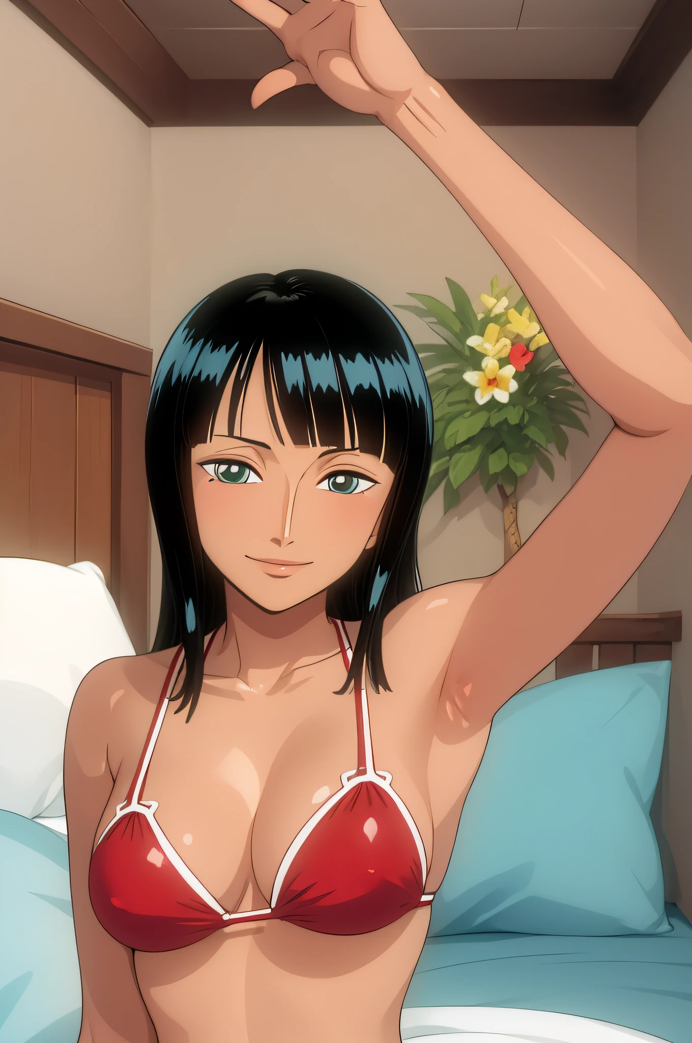 (masterpiece),best quality,Amazing,finely detail.Depth of field,beautiful detailed eyes, nico robin, 1girl,mature female,happy,light smile,, red bikini, house, armpits, bed