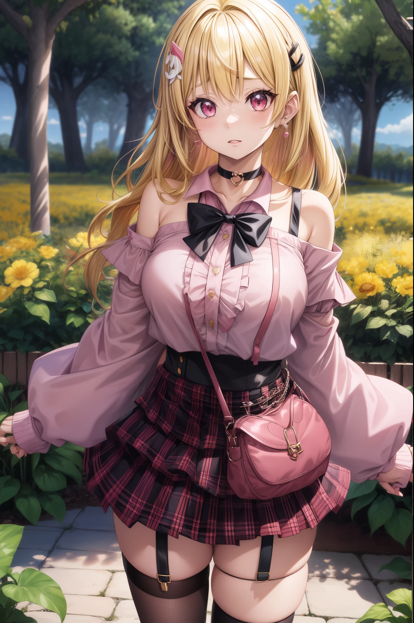 1girl, solo, blonde hair, scene hair, hair clips, pink streaks, streaky hair, long hair, off shoulder shirt, outdoors, flower field, forest, beautiful sky, plants, jirai kei, bare shoulder, microskirt, plaid skirt, garter belt, earrings, thick lips, pink eyes, layered hair, huge breasts, long sleeves, thick thighs, (anime:1.2), blunt bang, eye makeup, choker, bowtie, standing, handbag, pearl earrings, cowboy shot