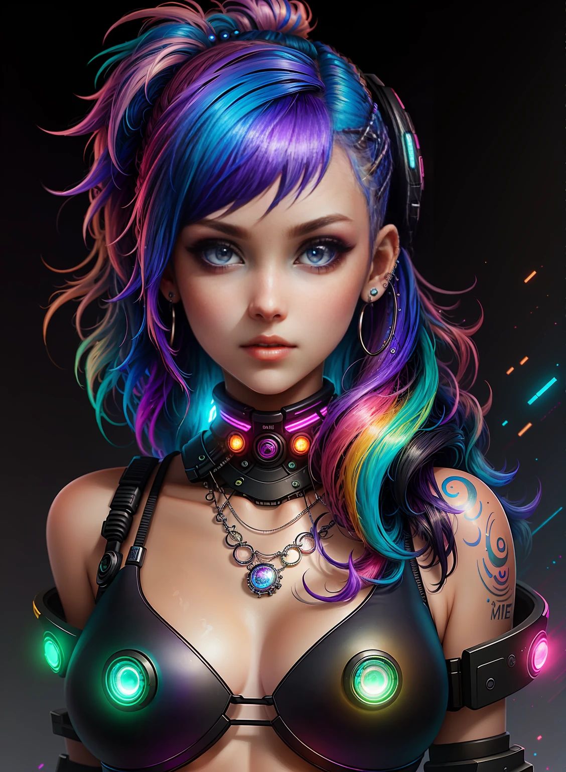 ((best quality)), ((masterpiece)), ((realistic)), (detailed), (1 girl), ((full body:1.4)), woman with colorful hair and piercings, dreamy cyberpunk girl, 4K high-detail digital art, stunning digital illustration, stunning 8K artwork, colorful digital fantasy art, colorful and dark, beautiful digital artwork, colorful digital painting, cyberpunk digital anime art, girl with luminous wave, 8K HD digital wallpaper art, gorgeous digital painting