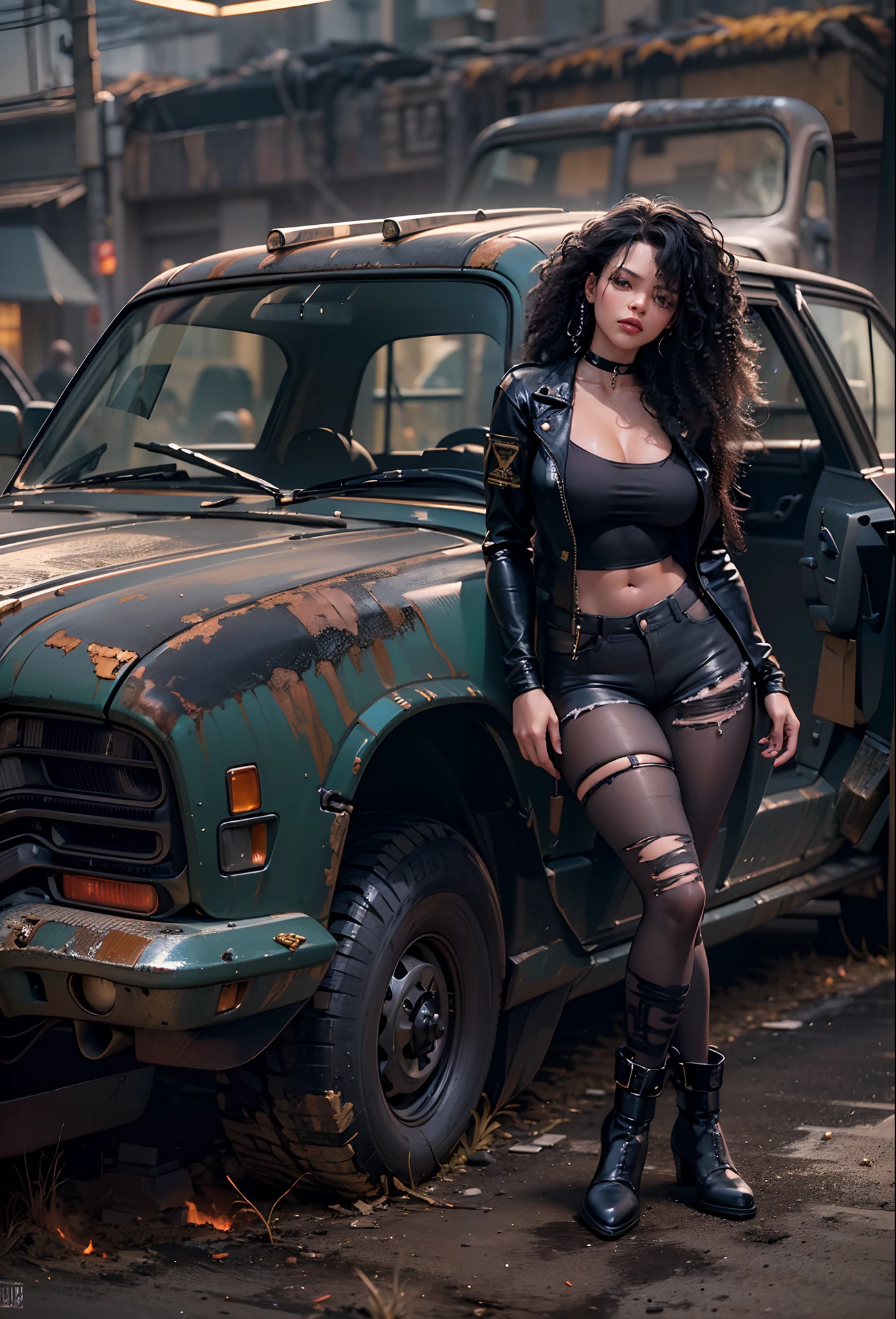 ((21-year-old))), black girl, (((light skin))), (((full body pose))), (((long curly black hair))), (((wearing tight ripped clothing))), (((seamless black, pantyhose))), (((submissive))), (((metal choker))), (((post apocalyptic scene, old cars, fire, death))), dark fantasy, Rich, Deep Colours, (intricate details:0.9), (HDR, hyper-detailing:1.2), (natural skin textures, hyper realisitc, glistening skin, soft light, Sharp),