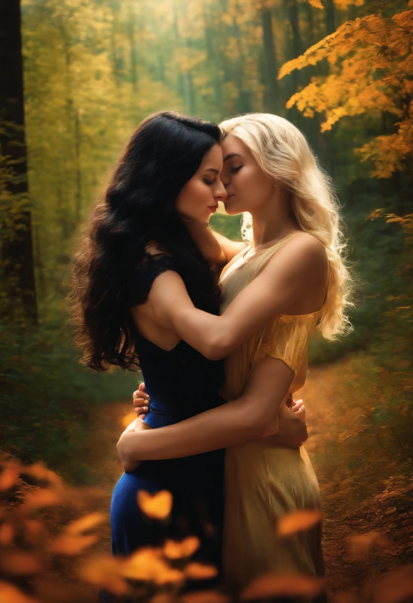 Create an image with two sexy 10 year old girls embracing and kissing, one with black hair and the other blonde on the sides of the cover looking at the forest.