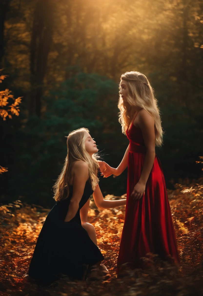 Create an image with two sexy  girls embracing and kissing, one with black hair and the other blonde on the sides of the cover looking at the forest.