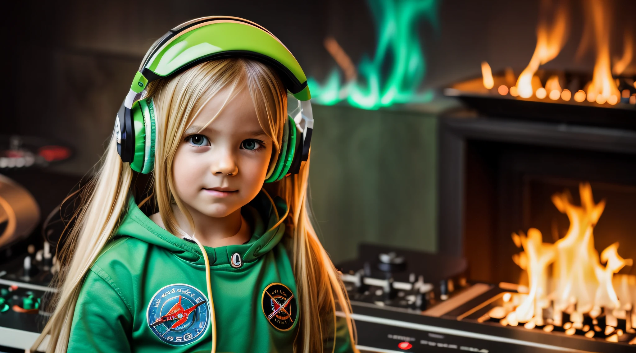 Image of a CHILD girl BLONDE long hair with headphones astronaut music, Atom and Evil, DJ, fire and GREEN FIRE , FLAMME, BURN , FOGO, GREEN, VERDE.