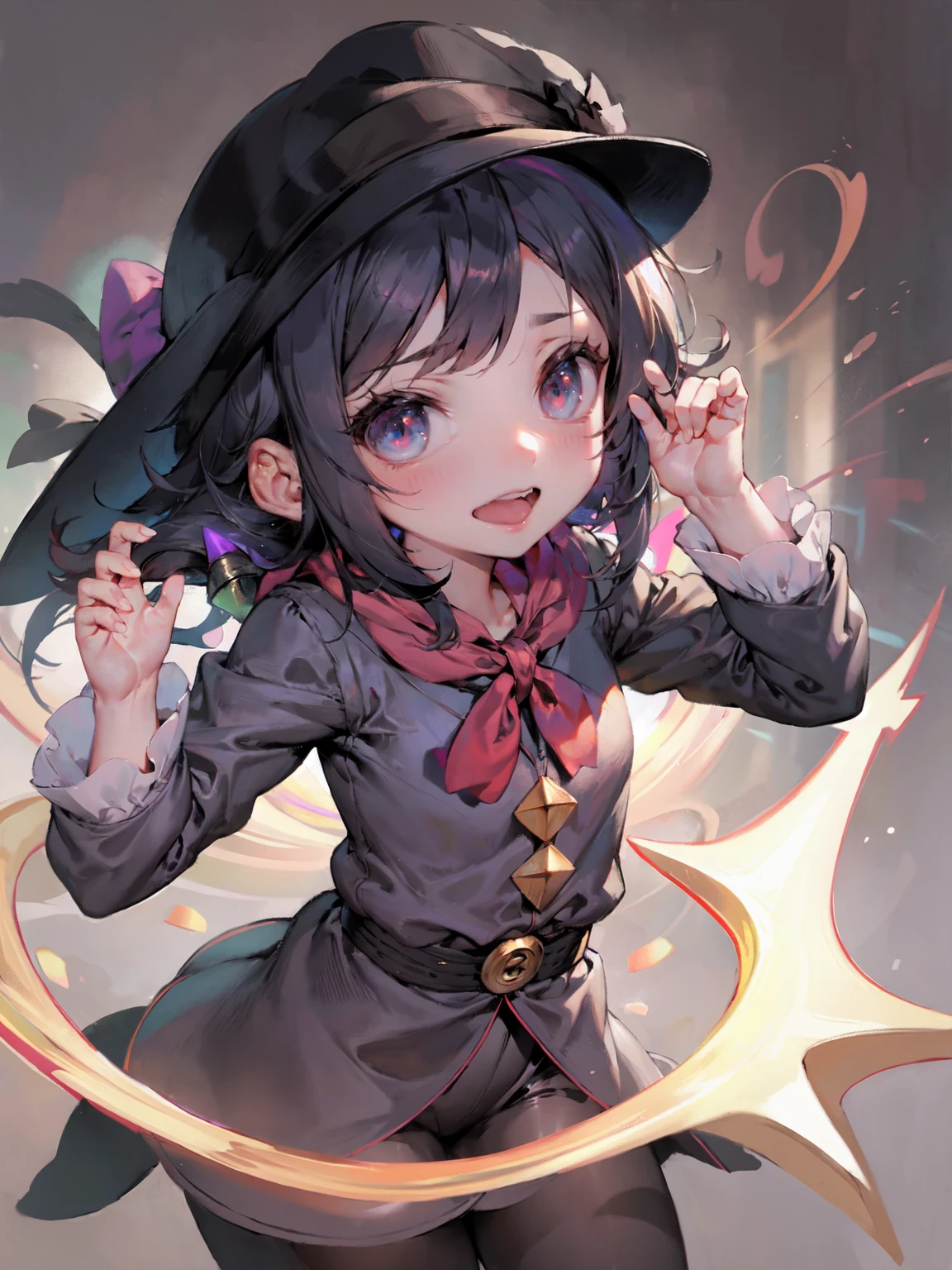 masterpiece, best quality,
zenno rob roy \(umamusume\),
holding staff, staff, light trail, electricity,
night sky,
looking up, standing, from side,
official alternate costume, halloween costume, hairclip, hair bow, blue bow, witch hat, star print, ears through headwear, black headwear, glasses, black-framed eyewear, black robe, white shirt, orange bowtie, center frills, long sleeves, black skirt, shorts skirt,
<lora:zenno_rob_roy_loha:0.7>
