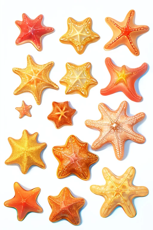 various types of starfish in scientific illustration style on white background