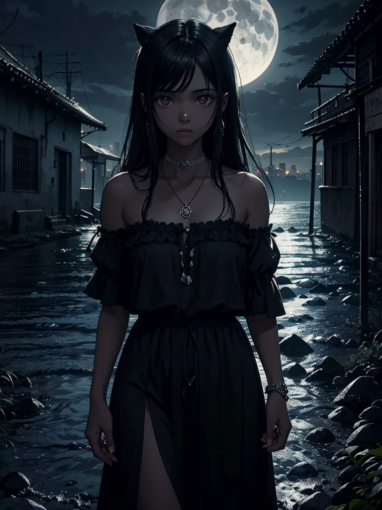 DarkFantasy, DarkFantasy, Grim picture, desperate atmosphere, soledad, Chica anime, Chica demonio, dark skin, piel negra oscura, piel negra, Piel de ceniza, Piel negra oscura y ceniza., piel de ceniza negra, Brillantes ojos naranjas, Pelo Negro Ceniza, Cabello largo, vientre abierto, Ropa de vendas, vendas de trapo, menos ropa, Pulseras de oro brillante, Muchas cadenas, Cadenas en las manos, hoz en la mano, stands, Ciudad en llamas en el fondo, noche oscura, cielo negro, noche absolutamente negra, Noche sin luna, atmosfera oscura, cielo nublado oscuro