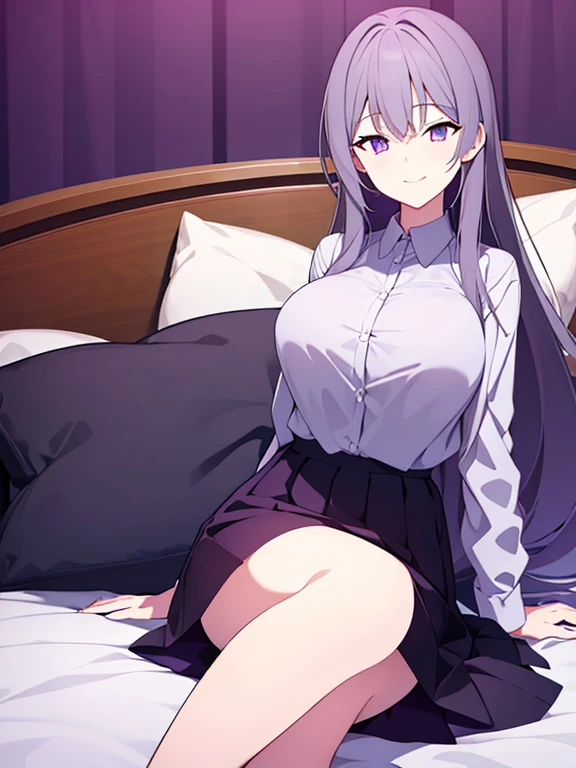 masterpiece, high quality, 1girl, purple eyes, medium breasts, grey hair, long hair, best quality, shirt, skirt, lying on back, on bed, smiling,