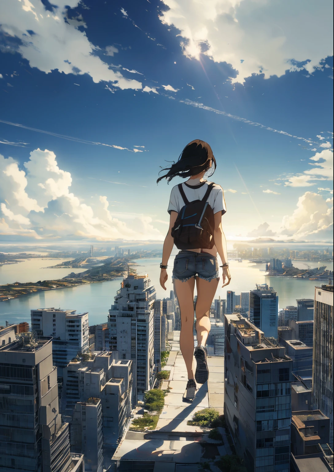 ((((Obra-prima))), melhor qualidade, super detalhado, extremamente detalhado CG Unity 8k wallpaper, breath-taking, full of tension and drama, visuais deslumbrantes, majestic sky and horizon, vast expanse of futuristic city, alta lua do norte brilhante, luz natural colorida. [(1girl), Rear view, vestindo uma camisa de manga comprida e shorts jeans, carregando uma mochila, dynamic and lively, com vista para a uma cidade futurista]