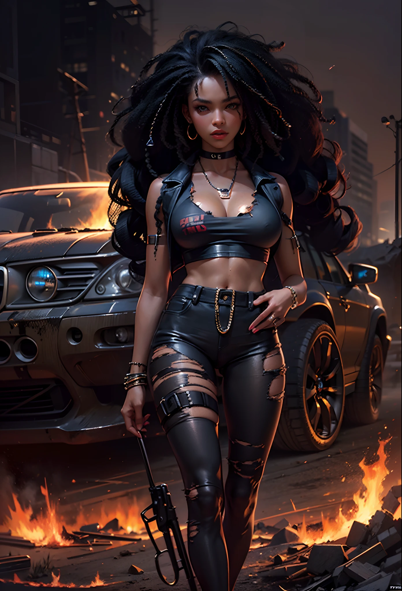 ((21-year-old))), black girl, (((light skin))), (((full body pose))), (((long curly black hair))), (((wearing tight ripped clothing))), (((seamless black, pantyhose))), (((submissive))), (((metal choker))), (((post apocalyptic scene, old cars, fire, death))), dark fantasy, Rich, Deep Colours, (intricate details:0.9), (HDR, hyper-detailing:1.2), (natural skin textures, hyper realisitc, glistening skin, soft light, Sharp),
