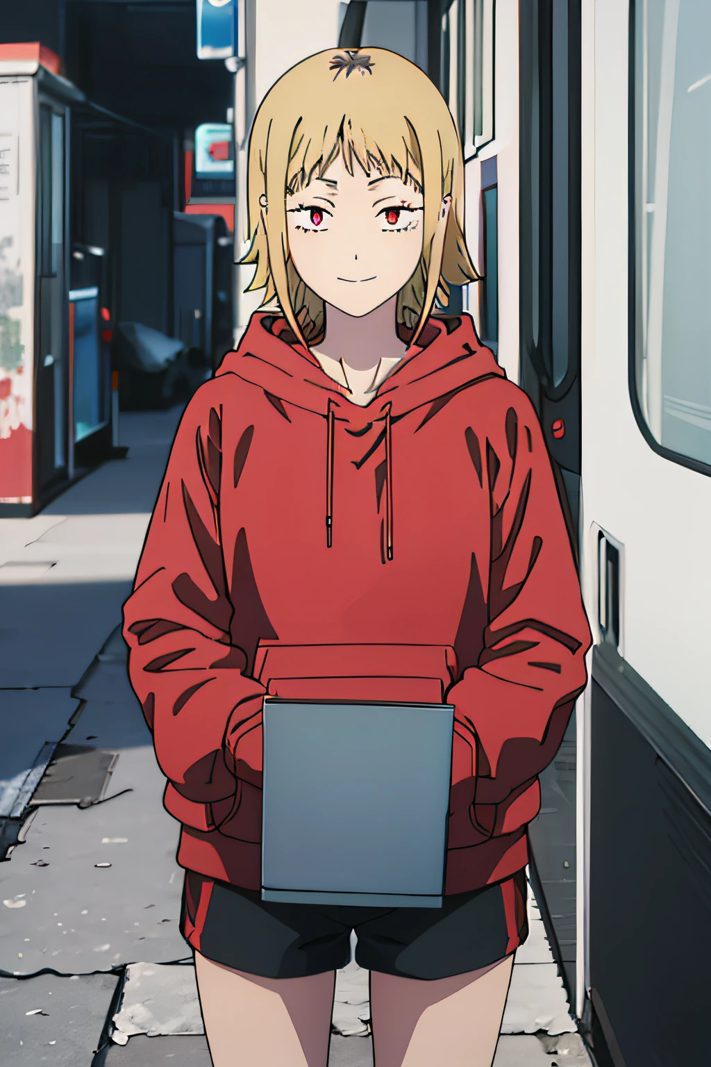 AKANE, BLONDE HAIR, RED EYES, SLIT PUPILS, SHORT HAIR, MULTICOLORED HAIR, BLACK HAIR, TWO-TONE HAIR, BANGS, MEDIUM HAIR, SIDELOCKS, red hoodie, hood down, black shorts, short shorts, 1girl, solo, upper body, facing viewer, looking at viewer, smile,