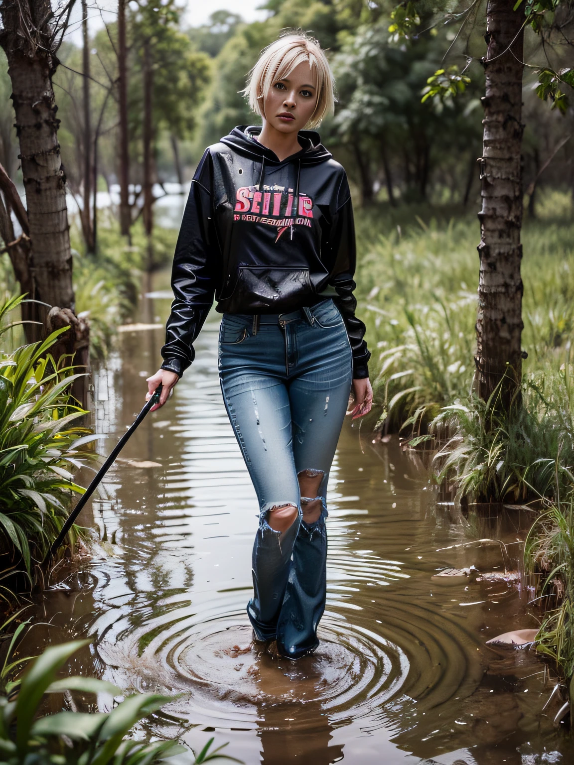 Movie poster featuring the vicious, emaciated woman, (Flares on fitted jeans:1.1), drowning, Standing knee-deep in a muddy swamp:1.2, Completely Body, For fading skin, Cracked wrinkles, pixie cut, Dirty tight hoodie, Soaking wet clothes, (seducing:1.3), Attention-grabbing , heading, stylish, font, memorable, heading, big, Surprise