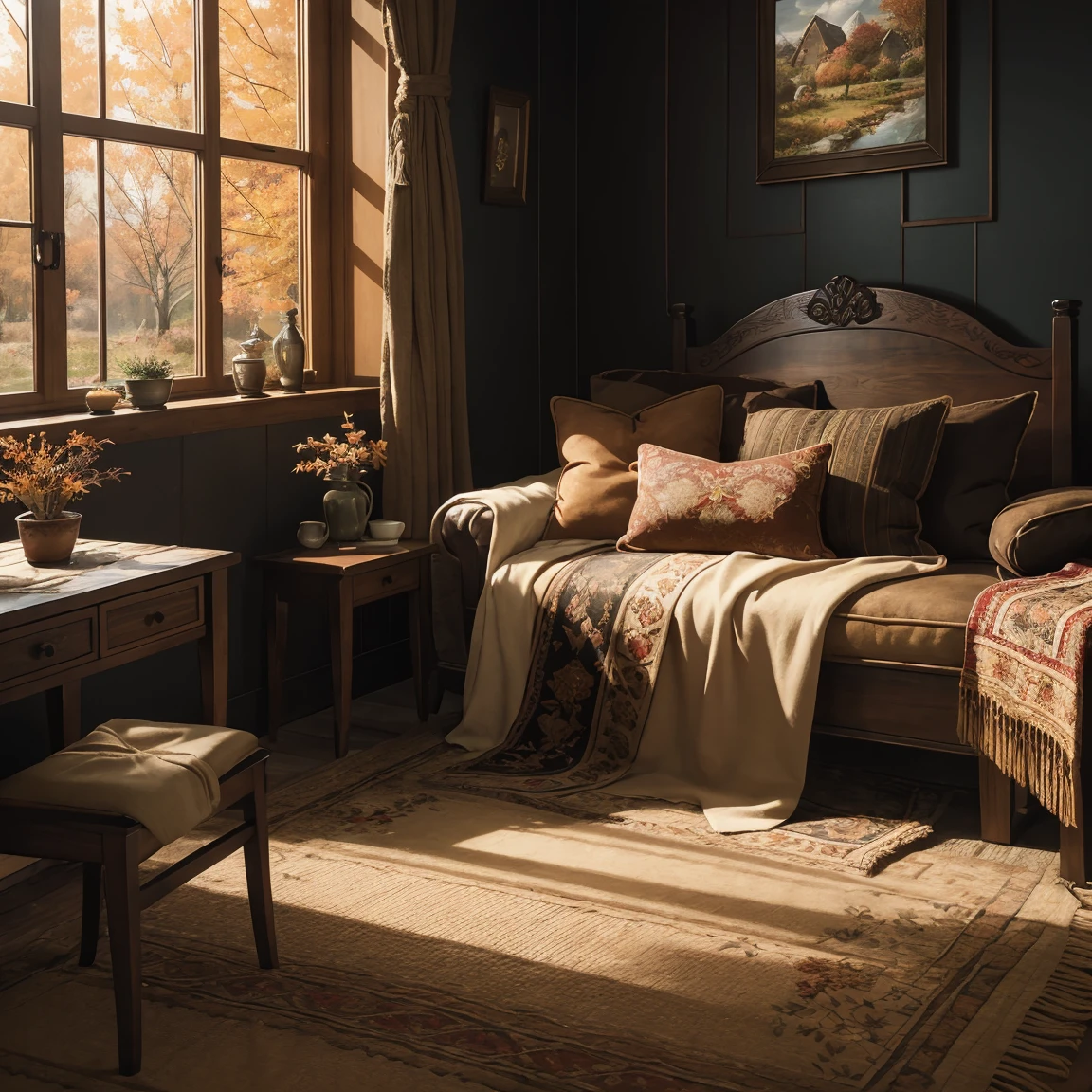 Embroidered square, warm autumn colors, farmhouse, isolated on absolute black background, detailed stitching, intricate design, fine craftsmanship, cozy and inviting atmosphere, rustic charm, rich texture, vibrant hues, nostalgic vibes, delicate patterns, handcrafted artistry, vintage-inspired aesthetic, intricate threadwork, subtle shading, autumn leaves, natural elements, earthy tones, warm and comforting, textured fabric, exquisite details, cozy and welcoming, traditional craftsmanship, traditional and modern fusion, cozy country retreat, tranquil and serene, picturesque setting, peaceful ambiance, timeless beauty, evocative autumn scene, captivating artwork, immersive experience, high-quality embroidery, artistic vision, meticulous attention to detail, extraordinary artistry, captivating composition, balanced color palette, expert shading, intricate textile art, masterful craftsmanship, immersive and enchanting, visually stunning, exceptional quality and craftsmanship, evoking a sense of warmth and nostalgia,best quality, 4k, 8k, highres, masterpiece: 1.2, ultra-detailed, realistic, photorealistic: 1.37,autumn color palette, warm and inviting, soft and cozy lighting.