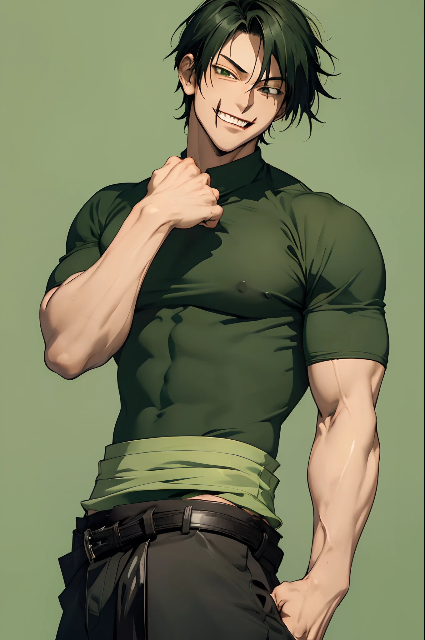 (masterpiece, best quality:1.2), green theme, cowboy shot, solo, male focus, 1boy, fushiguro toji, muscular male, evil grin, looking at viewer, black shirt, short sleeves, pants