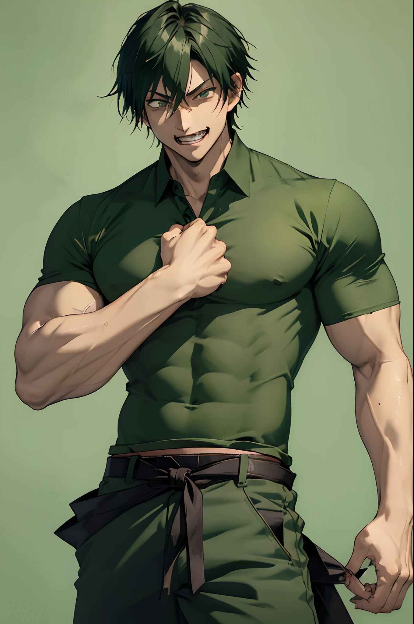 (masterpiece, best quality:1.2), green theme, cowboy shot, solo, male focus, 1boy, fushiguro toji, muscular male, evil grin, looking at viewer, black shirt, short sleeves, pants