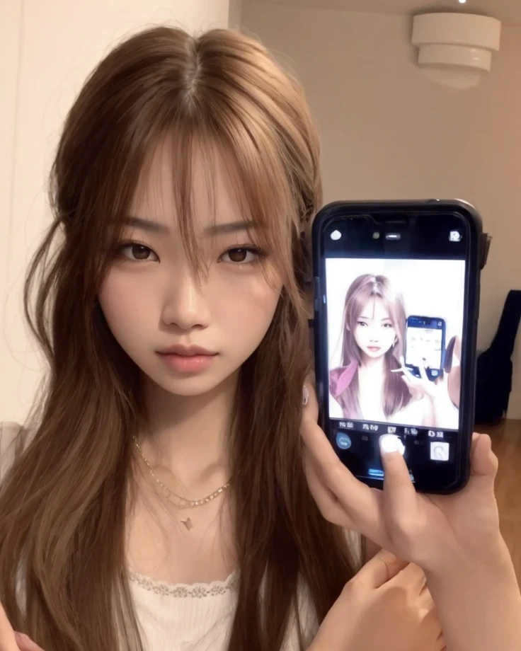 araafed asian girl holding a cellphone with a photo of a woman on it, Lalisa Manobal, Fotografia selfie 8k, Lalisa Manoban do Blackpink, Ulzzang, Parque Roseanne do Blackpink, iphone selfie, foto portait foto de perfil, jossi do blackpink, Modelo do Instagram, cabelos longos com franja, com franja