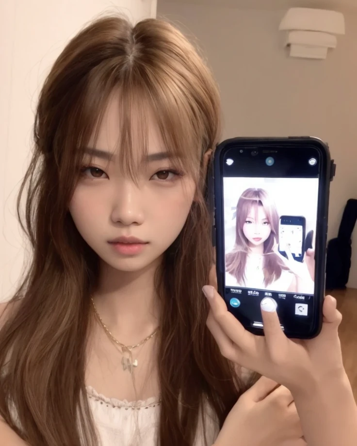 araafed asian girl holding a cellphone with a photo of a woman on it, Lalisa Manobal, Fotografia selfie 8k, Lalisa Manoban do Blackpink, Ulzzang, Parque Roseanne do Blackpink, iphone selfie, foto portait foto de perfil, jossi do blackpink, Modelo do Instagram, cabelos longos com franja, com franja