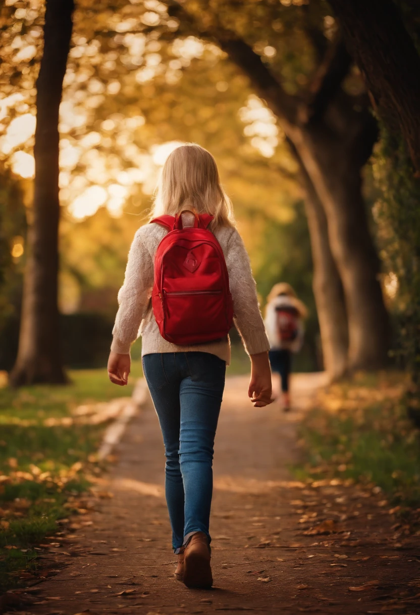 A 10-year-old girl, blonde hair, light eyes, pretty, walking to school with a couple of friends.