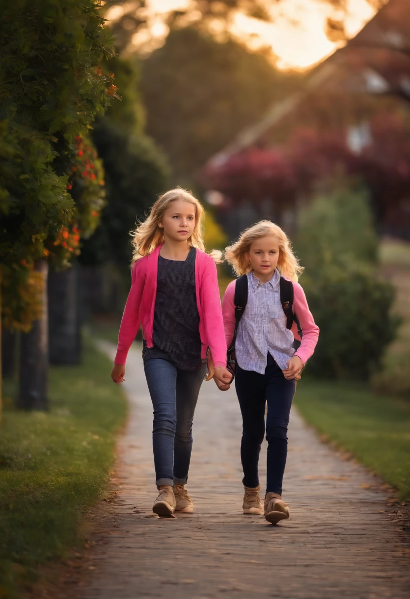 A 10-year-old girl, blonde hair, light eyes, pretty, walking to school with a couple of friends.