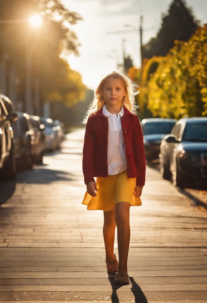 A beautiful and sexy -yeld gi blonde hair, light eyes, pretty, walking to school with a couple of friends.