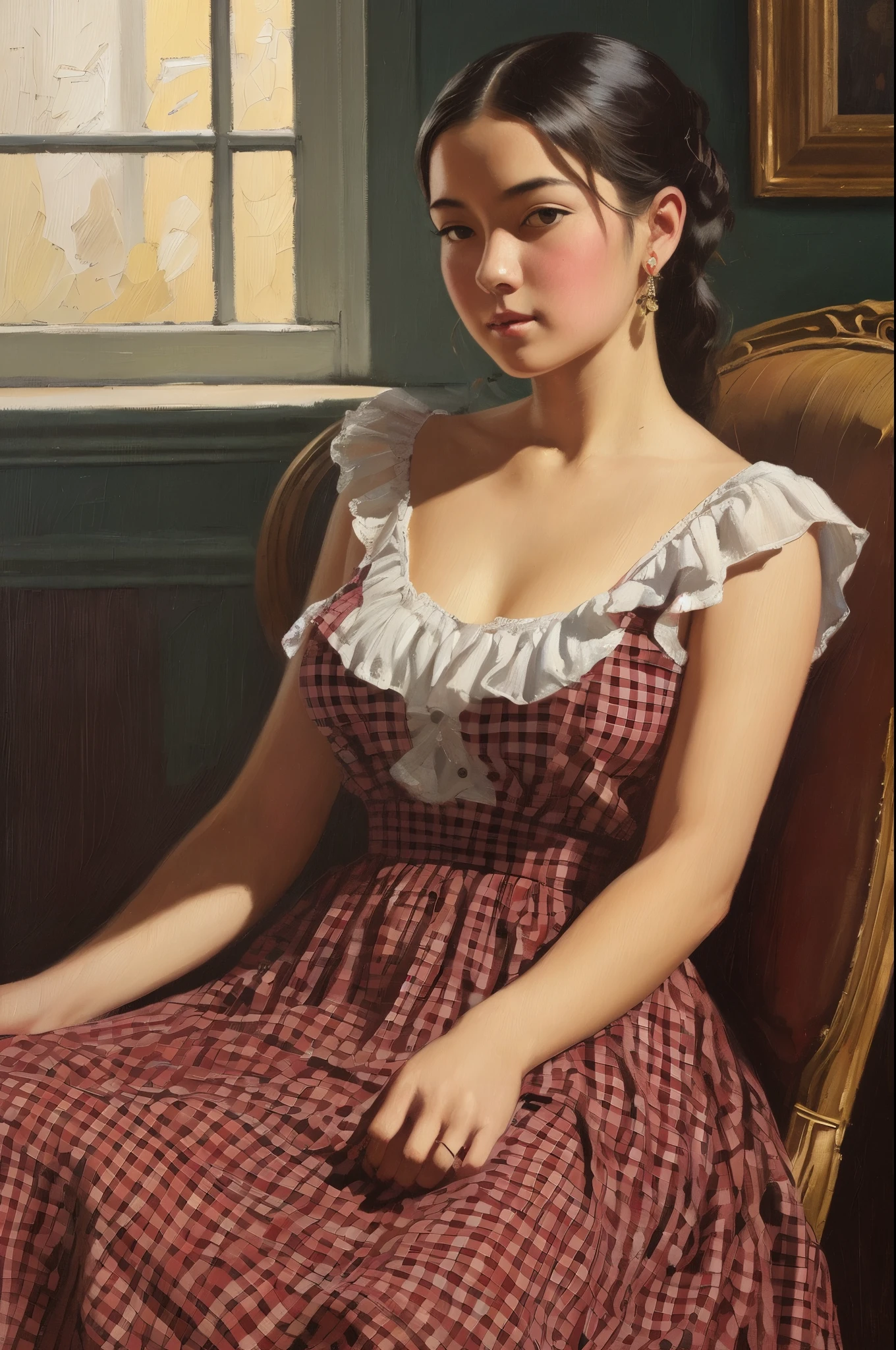 daring girl in a checkered dress (in the style of Tom Lovell), ((fresh oil palette canvas/acrylic)), Intricate, 極端なディテール, Complex key, ((Single Shot)), ((Best Quality)), ((Masterpiece)), ((Realistic)), 8K