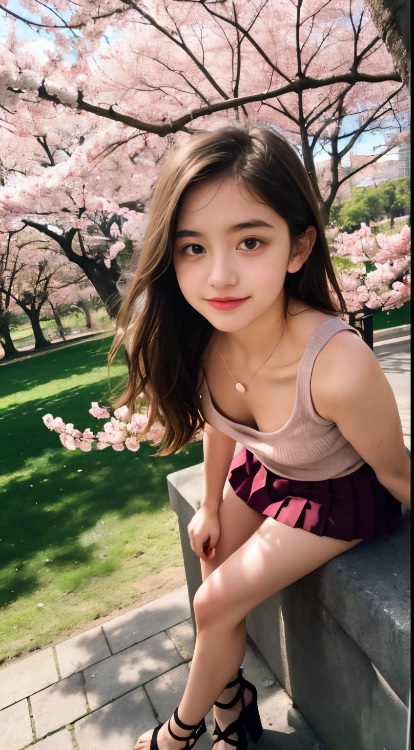 Pre-teen, 16 years old, European, blonde, small breasts, big eyes, long legs, close-up of faces, tank top with plunging neckline, sweatshirt, tiny pleated skirt, heeled sandals, extremely high angle shot, top view of girl, park background, trees, cherry blossom, mirrored floor with reflections, ray tracing, HDR