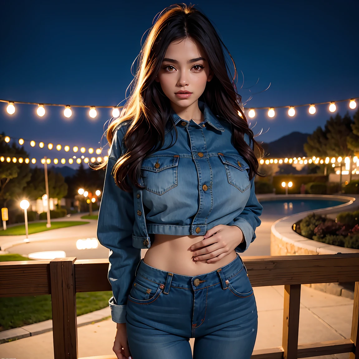 sentada en un banco, abierta de piernas, sexy, Abrigo de invierno, delgada, noche, luces artificiales, parque de noche, tetas grandes y perfectas, tetas grandes, big boobs, detalle de cuerpo sentado abierto de piernas, (high resolution) (highest quality), ropa de invierno, profundidad de campo, ropa elegante, highest quality, senos grandes, Jeans, short