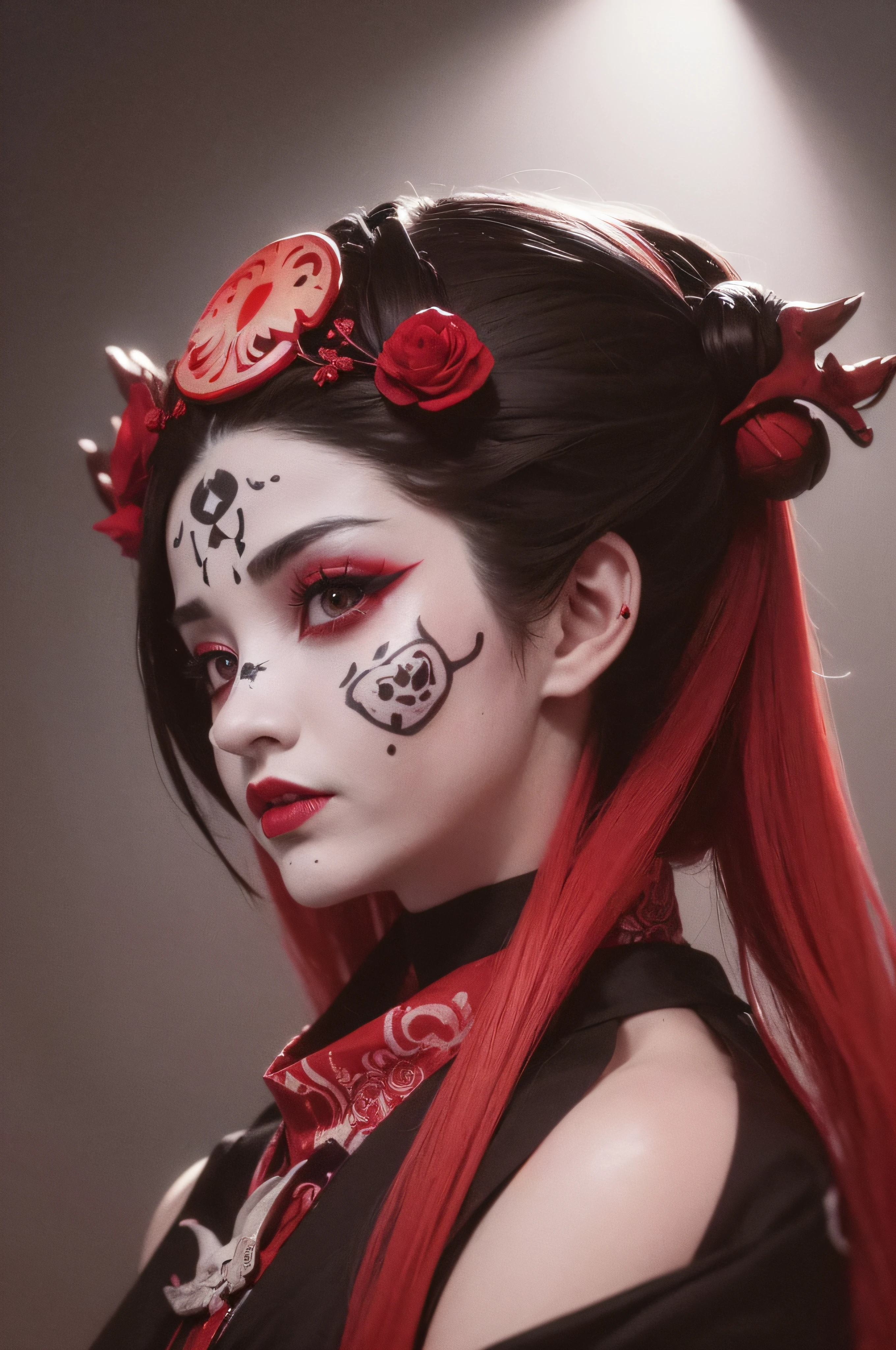 "(The best lighting, oscuro, dramatic),(feto calavera geisha escupiendo espaguetis con tinta roja, Cicatrices, sexy, cerebro, sangre, una rata dentro de la cabeza, terror.),(ojos rojos, calaveras). volumetric light.