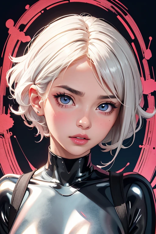 cute anime girl with short white hair, bent over, offering,  very deep cleavage, clear eyes, tonned girl, parted lips, puffy lips, ultrarealistic eyes, pink lipstick, (black tight bodysuit: 1), masterpiece, (best quality:1,5), perfect lighting, very detailed, uhd, hdr, city background, big anime eyes, fix eyes, fix lips, ultrarealistic anime style