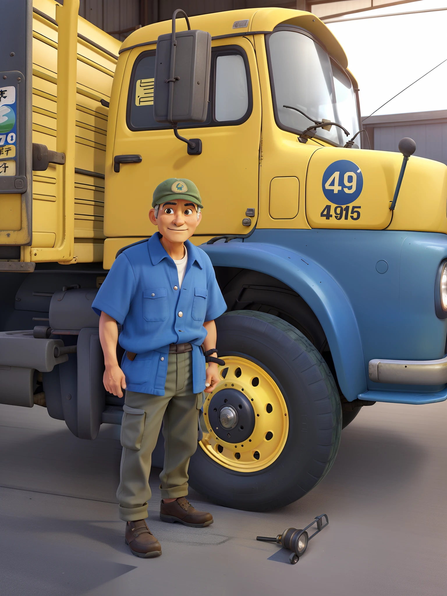 An old Japanese sage, cap, parado na frente, illuminated by the light of a lamp, Against the backdrop of a truck in a workshop. Truck has yellow wheel and a sticker with the number 49 in a circle on its hood