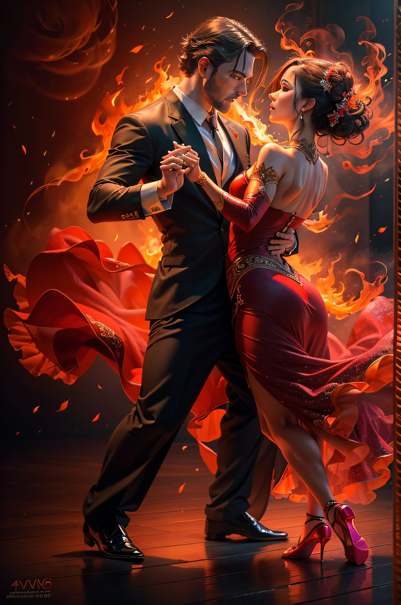 (best quality,4k,8k,highres,masterpiece:1.2),ultra-detailed,(realistic,photorealistic,photo-realistic:1.37),passionate,tango dance,fire dance, intense emotions,man and woman,tango dancers,expressive movements,alluring,powerful,graceful,tango embrace,vibrant colors,sensual,smoke,music-filled atmosphere,flawless choreography, mesmerizing,attractive,energetic,tango rhythm,elaborate costumes,fluid motion,fire-like intensity,romantic,dramatic lighting,passionate connection,intricate footwork,fiery passion,perfect synchronization,audience captivated,sparks fly,emotional connection, intense chemistry,mesmerizing performance