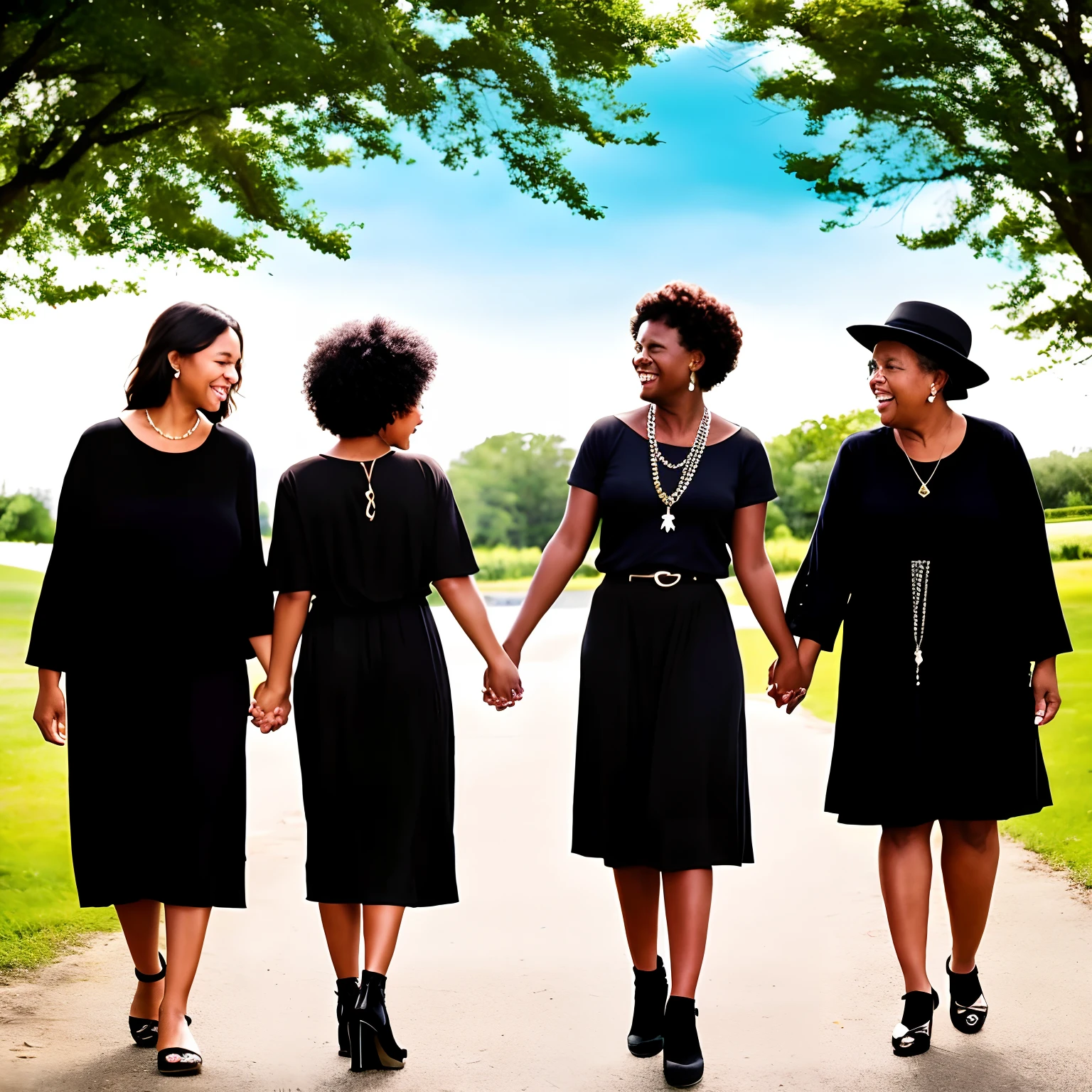 Black Daughter reunites with her black mom and two black grandmothers in heaven and all holding hands.