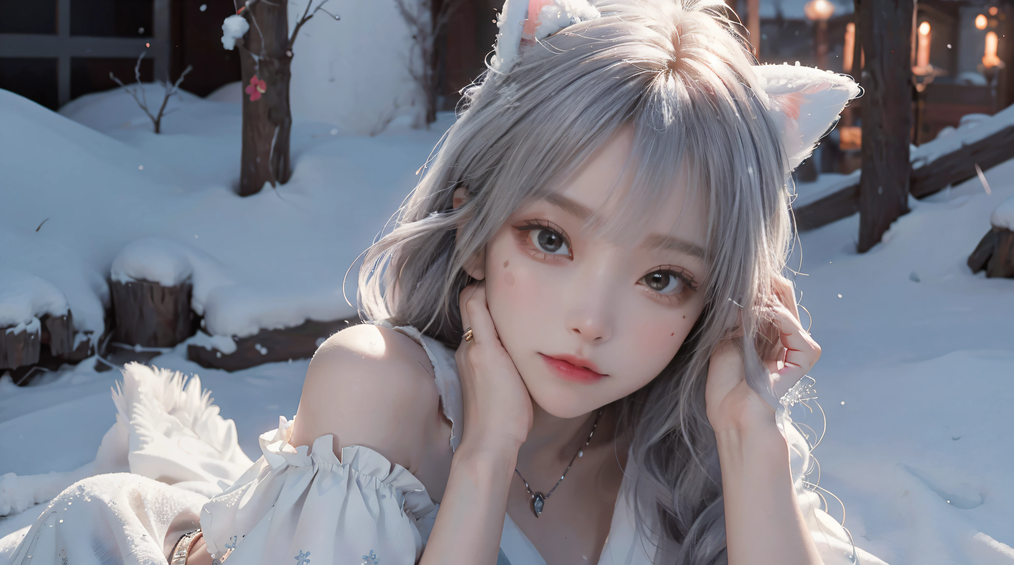((best qualtiy)), ((tmasterpiece)), (detail:1.4), Beautiful cyberpunk Japan woman image,, baby face, nffsw(icRange),Ray traching,NVIDIA RTX,Hyper-Resolution,illusory 5,Sub-surface scattering,PBR Textures,post processed,Anisotropy Filtering,depth of fields,maximum definition and sharpness,multi-layer texture,Albedo e mapas Speculares,Surface Coloring,Mitsu-Accurate simulation of material interactions,Perfectly proportioned,rendering by octane,Two-colored light,Large aperture,Low ISO,White Balance,Rule three points、8K raw data、Beautiful bright red pupils,Off-the-shoulder clothing,Fine pupils,Delicate face and eyes,with round face, drooing eyes, long eyelasher,Blushlush,Delicate and fluffy hair,lip,pure,Cute face,Sweet girl,Artistic sense,Casual wear,Advanced Sense,Snowflake,flower petals,Snowflake, Bry snow background, Beautiful Hair Accessories,long hair and waist,Hair fluttering in the wind,Snow White cat ears, Curly