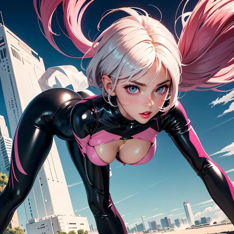 full body of a cute anime girl with short white hair, bent over, offering, very deep cleavage, clear eyes, tonned girl, parted lips, puffy lips, ultrarealistic eyes, pink lipstick, (black tight bodysuit: 1), masterpiece, (best quality:1,5), perfect lighting, very detailed, uhd, hdr, city background, big anime eyes, fix eyes, fix lips, ultrarealistic anime style